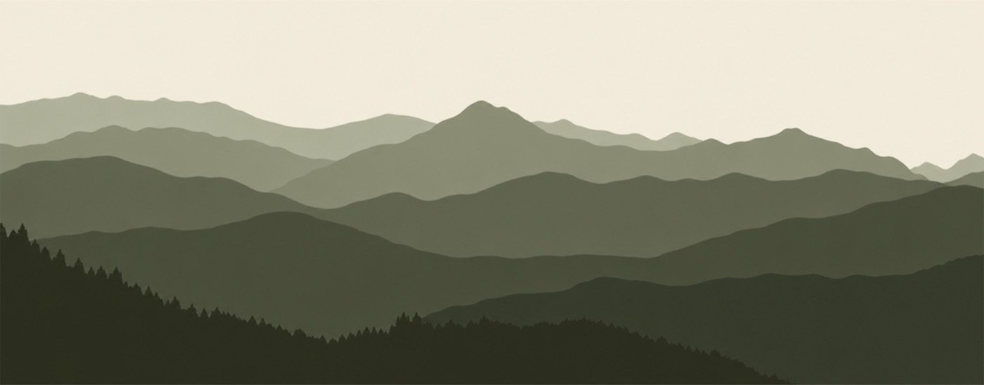 Illustration of layered Cordillera mountain ridges fading into the distance, with a pine forest on the slopes below.