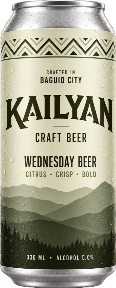 Wednesday Beer can: a sage label with the KAILYAN wordmark, a chevron border, and layered mountains above a pine forest.